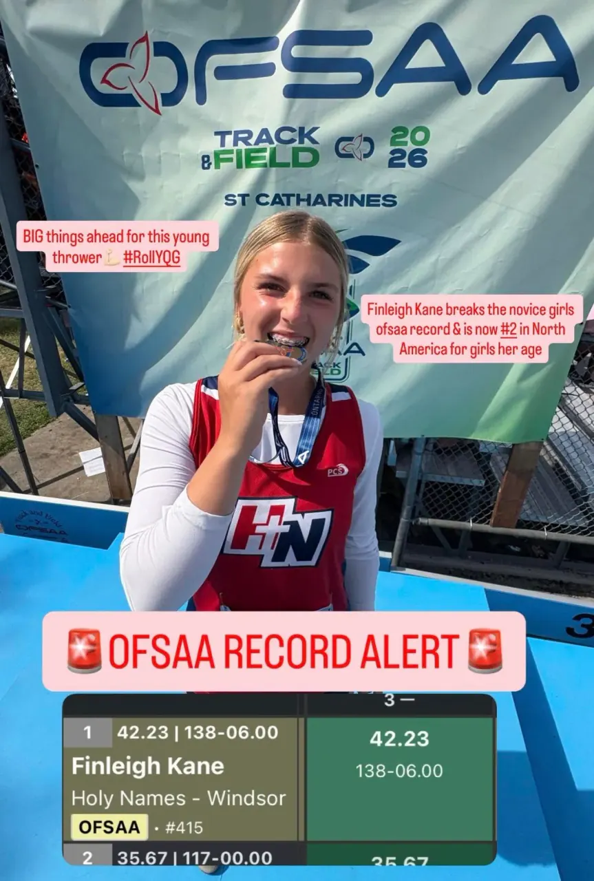Finleigh Kane holding her OFSAA javelin medal